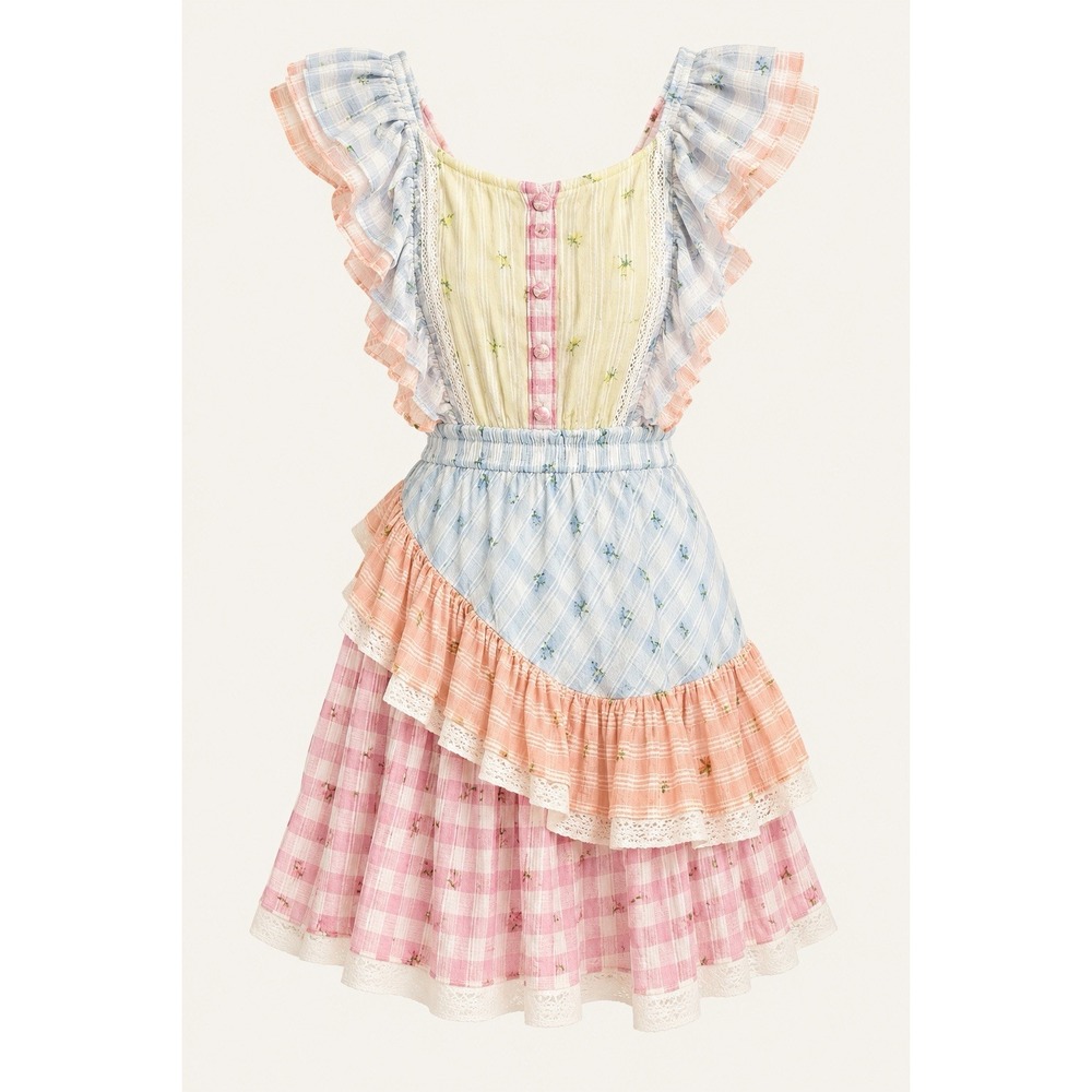 LoveShackFancy Leon Mini Dress S Multi Rosebud Check Ruffle Cotton $385